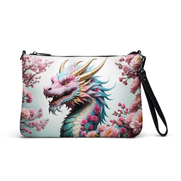 Pink Dragon Purse Crossbody Bag Flowers Fantasy Design Pocketbook Faux Leather Purses Mythical Unique Shoulder Bag Removeable Straps Handbag