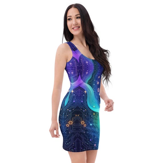 Techno Sparkle Dress Neon Circuitry Flow Bodycon Fitted Purple Clubwear Women's Cyberpunk Summer Outfit Unique Festival Party Mini Dresses