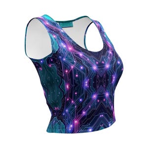 Neon Purple Crop Top Teal Cyberpunk Shirt Techno Sporty Tank Tops Women&#39;s Summer Casual Wear Clothes Bold Blouse Unique Glow Midriff Shirts