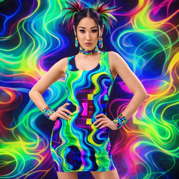Neon Psychedelic Dress Bold Green Bodycon Festival Unique Clothes Women's Fitted Trippy Funky Clubwear Sleeveless Rave Party Mini Dresses