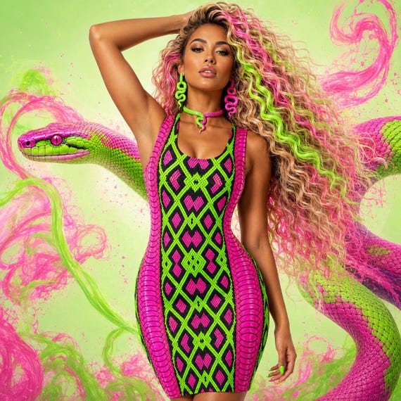 Neon Green Snake Dress Pink Reptile Bodycon Women's Fitted Scales Design Summer Outfit Sleeveless Unique Bold Clubwear Party Mini Dresses
