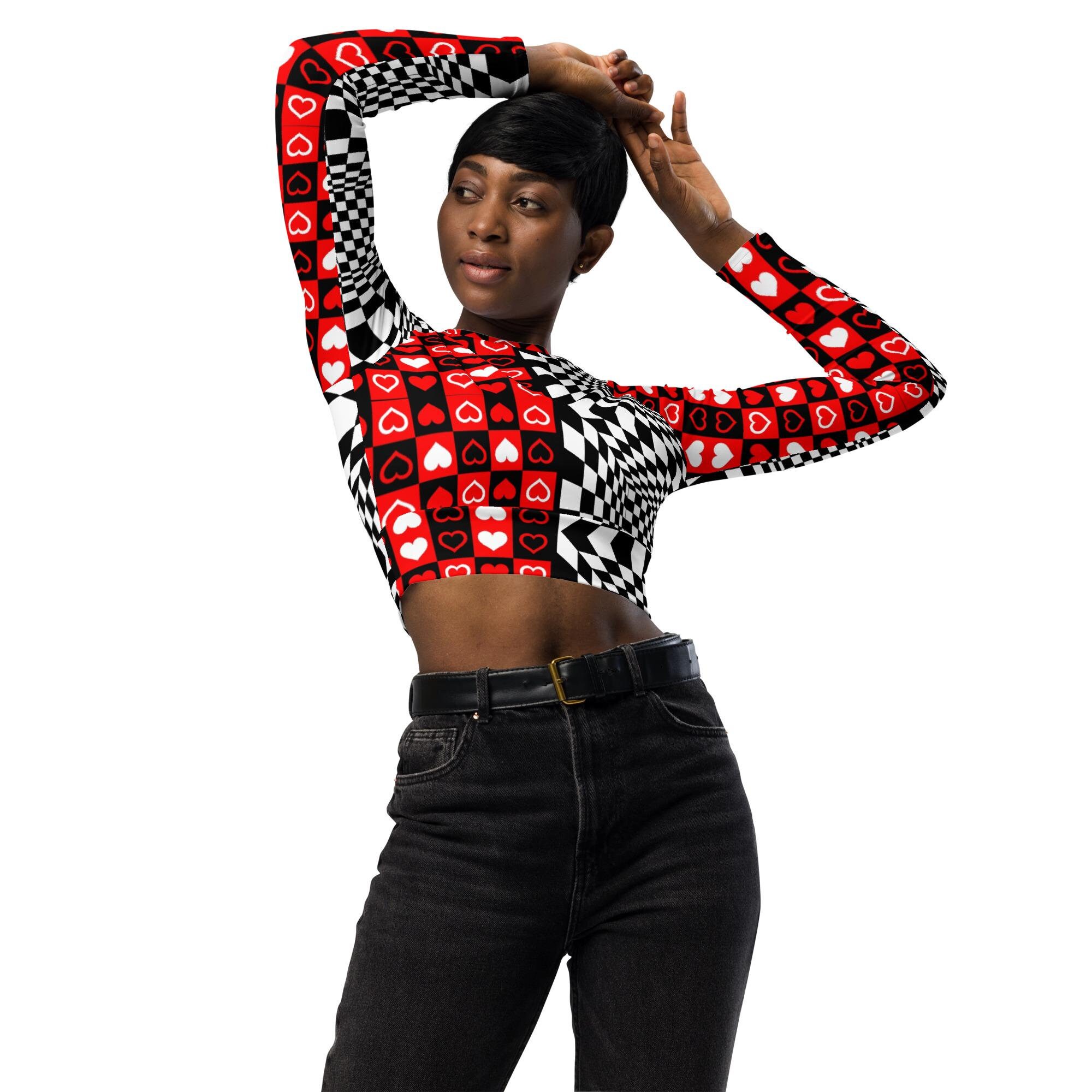 Hearts Crop Top Checkered Shirt Long Sleeve Chaotic Red