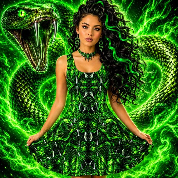 Reptile Skater Dress Green Scales Sundress Neon Fangs Clubwear Women's Serpent Skirt Outfit Bold Plus Size Snake Clothes Party Mini Dresses