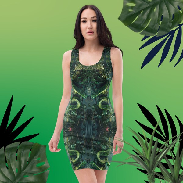 Swamp Snake Bodycon Reptile Serpent Dress Dark Green Tank Mini Dresses Fitted Sleeveless Unique Women's Summer Outfit Fashion Clothing