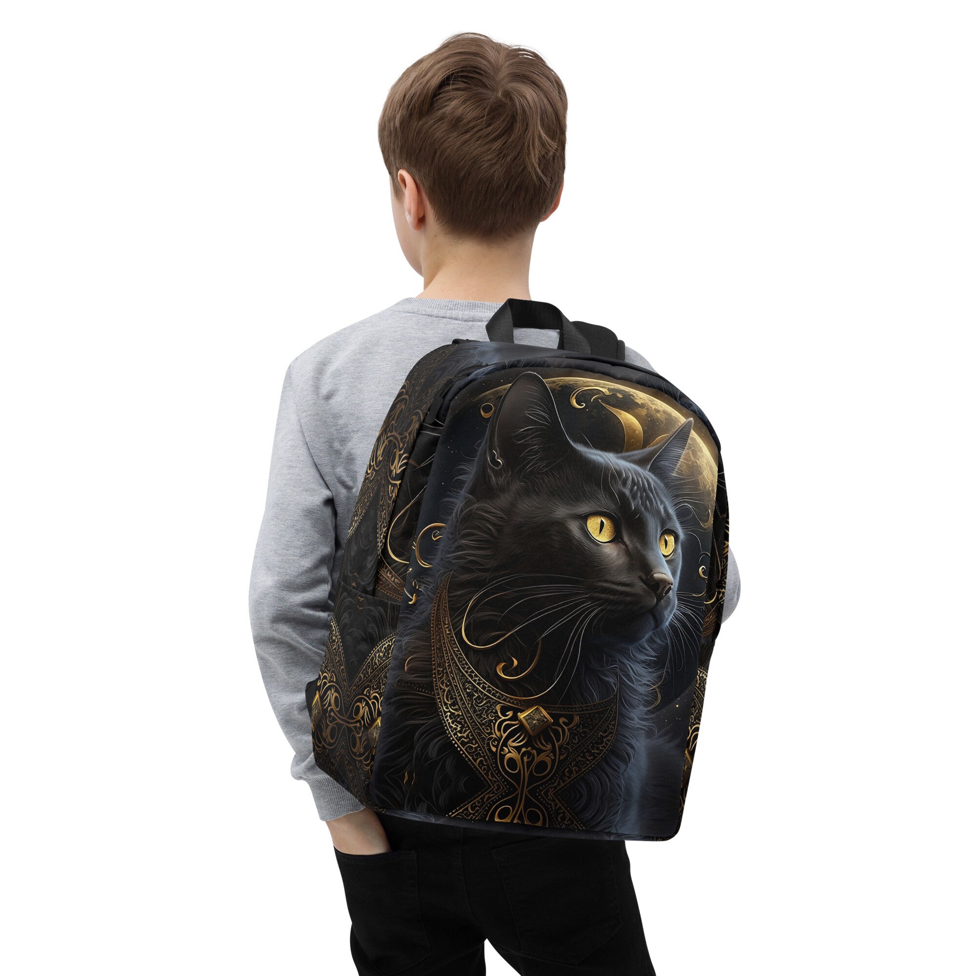 Black Cat Backpack Kitty Bookbag Gold Moon Design Book Bags 