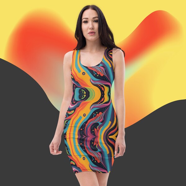 Psychedelic Dress Bodycon Unique Abstract Tank Mini Dresses Fitted Colorful Summer Outfit Vibrant Orange Aqua Purple Fashion Trippy Clothes