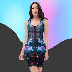 Neon Dragonfly Dress Turtle Glow Bodycon Pink Flowers Fashion Fitted Summer Outfit Women&#39;s Bold Unique Clubwear Dance Party Mini Dresses
