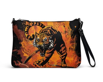 Fierce Tiger Monedero Bolso bandolera Diseño de fuego Bolsos de hombro Naranja Negro Gato Bolsillo Carteras de cuero sintético Bolsos de mano Correa extraíble