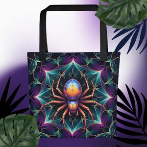 Halloween Tote Bag Spooky Spider Handbag Candy Bags Roomy Purse Purple Web Pocketbook Prismatic Arachnid Beach Book Totebags with Handles