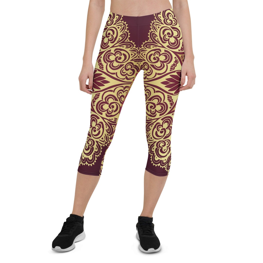 Gold Mandala Leggings Yoga Capri Pants Burgundy Capris Etsy