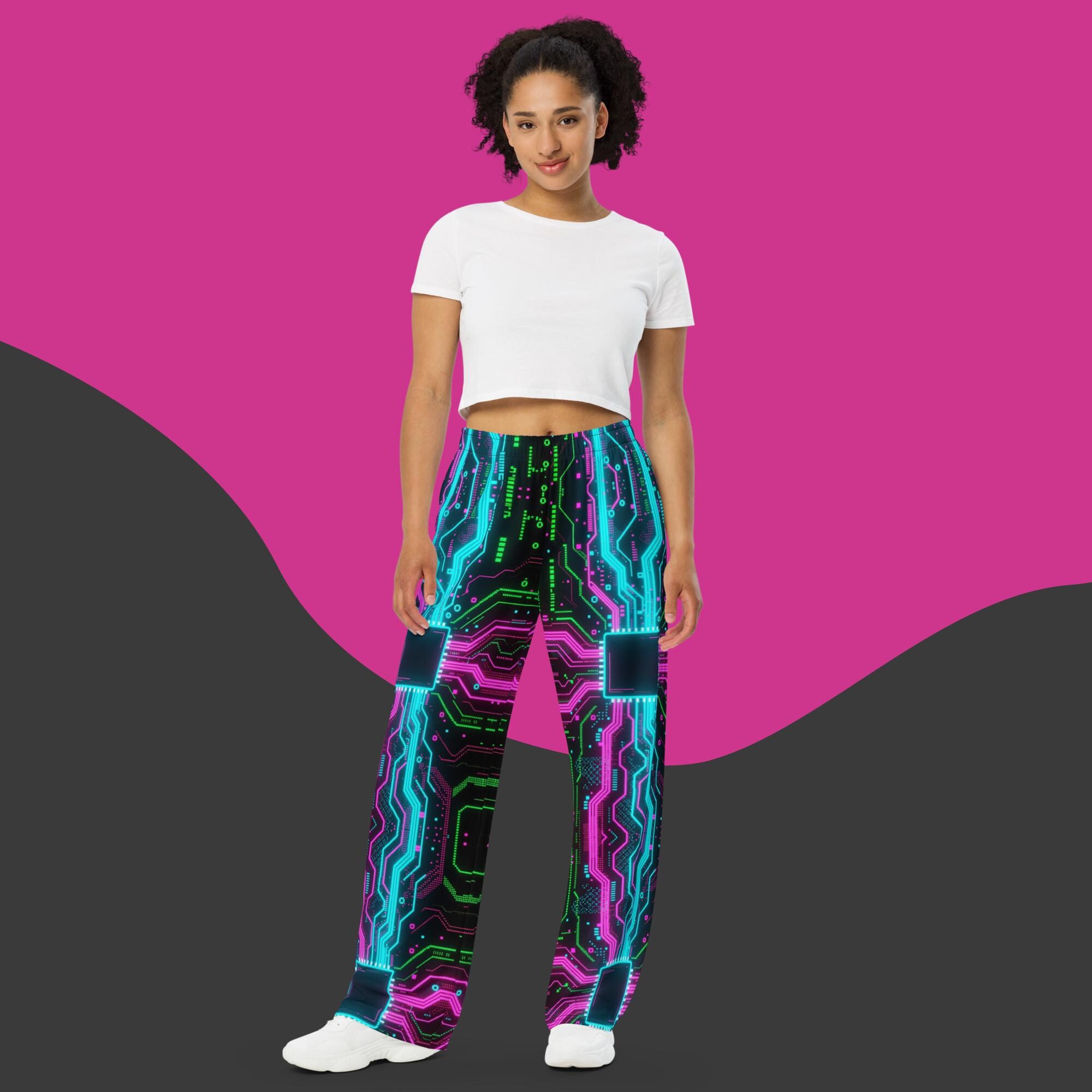 Cyberpunk Pants Wide-leg Techno Cyan Trousers Plus Size Magenta