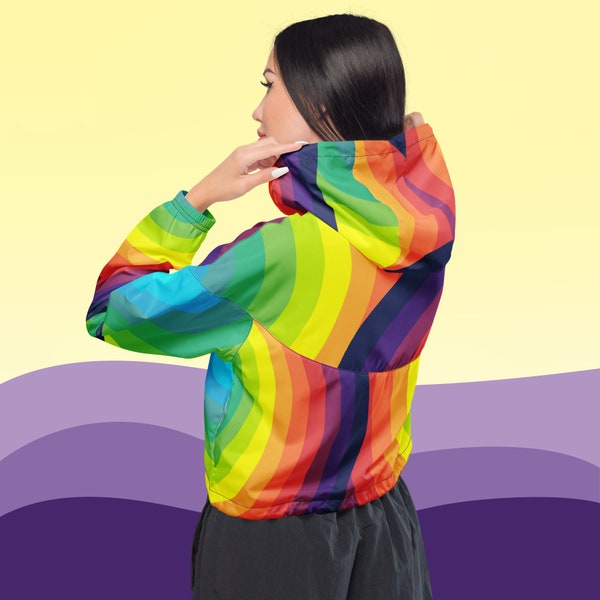 Rainbow Jacket Crop Coat Colorful Windbreaker Women's Light Hoodie Cropped Style Jackets Vibrant Abstract Coats with hood pockets Half Zip