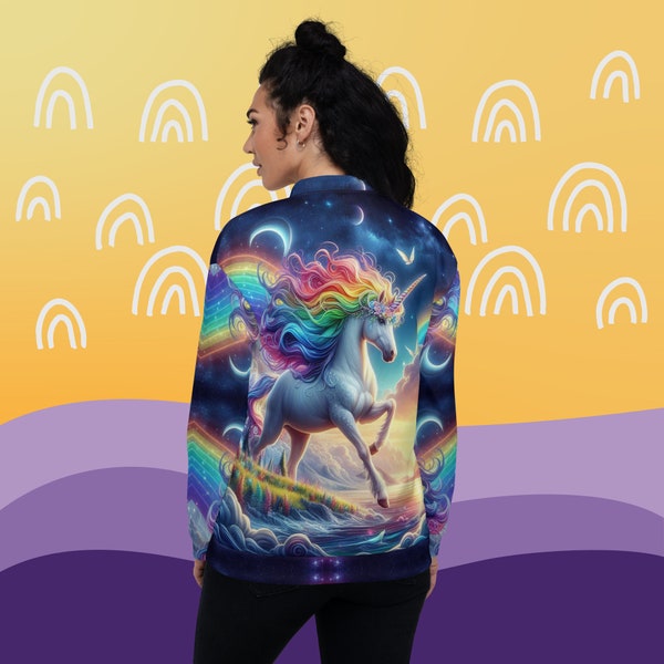 Unicorn Jacket Rainbow Coat Women's Magical Moon Stars Bomber Jackets Lightweight Zip Up with pockets Unique Winter Coats Warm Clothing