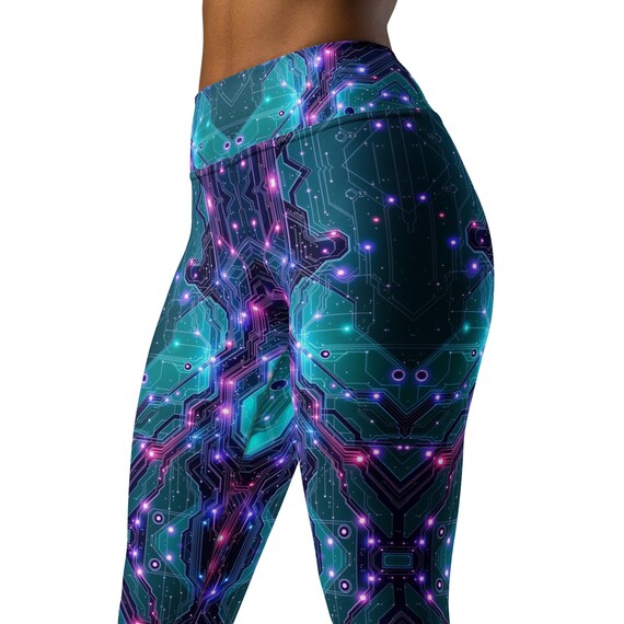 Teal Techno Leggings Neon Sparkle Pants Yoga Gym Bold Athleisure
