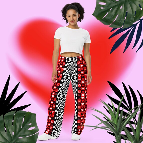 Hearts Checkered Pants Wide-leg Mismatch Unique Trousers Hearts Checkered Pants Wide-leg Mismatch Unique Trousers