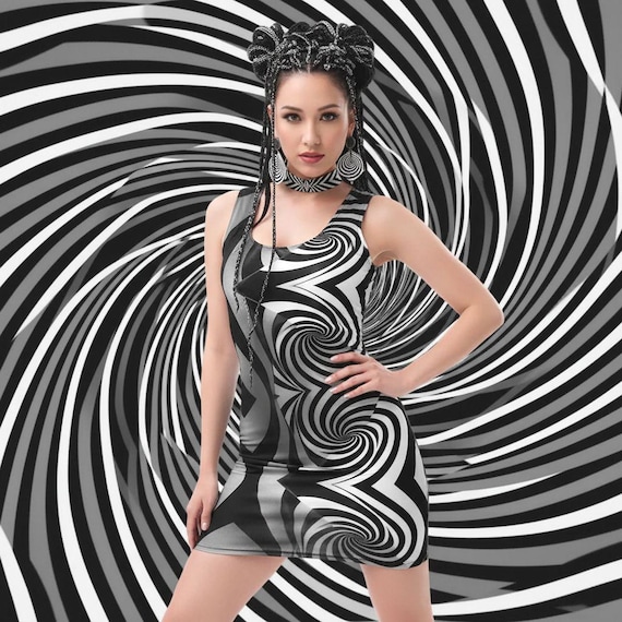 Psychedelic Mini Dress Trippy Funky Bodycon Hypnotic Black Festival Summer Outfit Women's Bold Unique Clubwear Fitted Tight Party Dresses Psychedelic Mini Dress Trippy Funky Bodycon Hypnotic Black Festival Summer Outfit Women's Bold Unique Clubwear Fitted Tight Party Dresses
