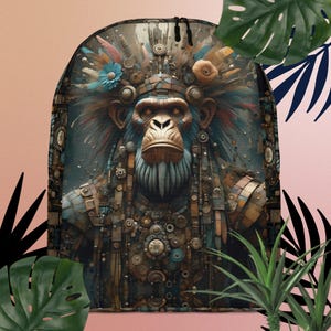 May include: A backpack featuring a detailed illustration of a chimpanzee adorned with a headdress and intricate mechanical elements. The design incorporates shades of blue, brown, and copper, creating a unique and artistic aesthetic. The backpack has a black zipper.