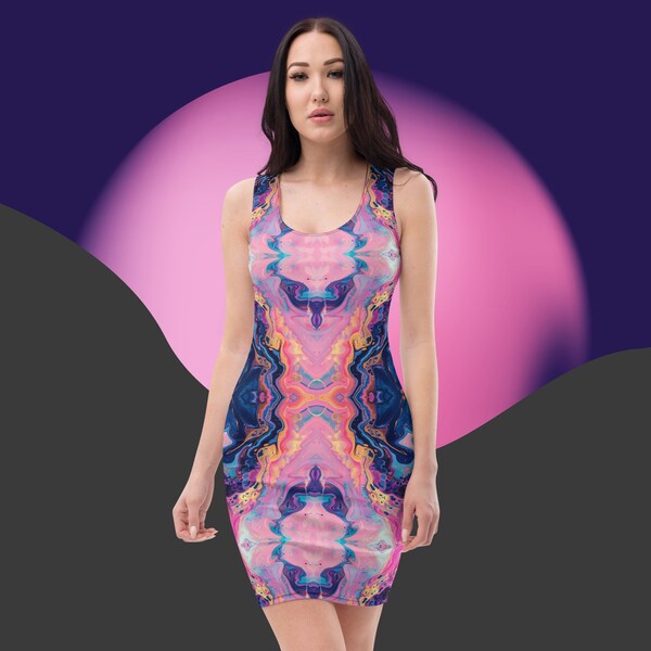 Pink Blue Bodycon Abstract Tank Mini Dresses Art Design Fitted Sleeveless Summer Outfit Unique Fashion Clothes for Women Tight Casual Wear