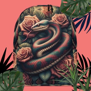May include: A backpack featuring a detailed illustration of a snake coiled among roses and leaves. The snake has a red, green, and blue pattern. The roses are a muted peach color, set against a dark green background.