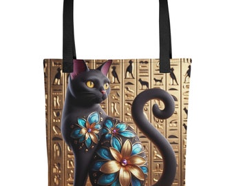 Borsa tote egiziana Egitto gatto nero Totebag borsa fiori Design borsa geroglifici borse portafoglio floreale amanti del gattino doppi manici