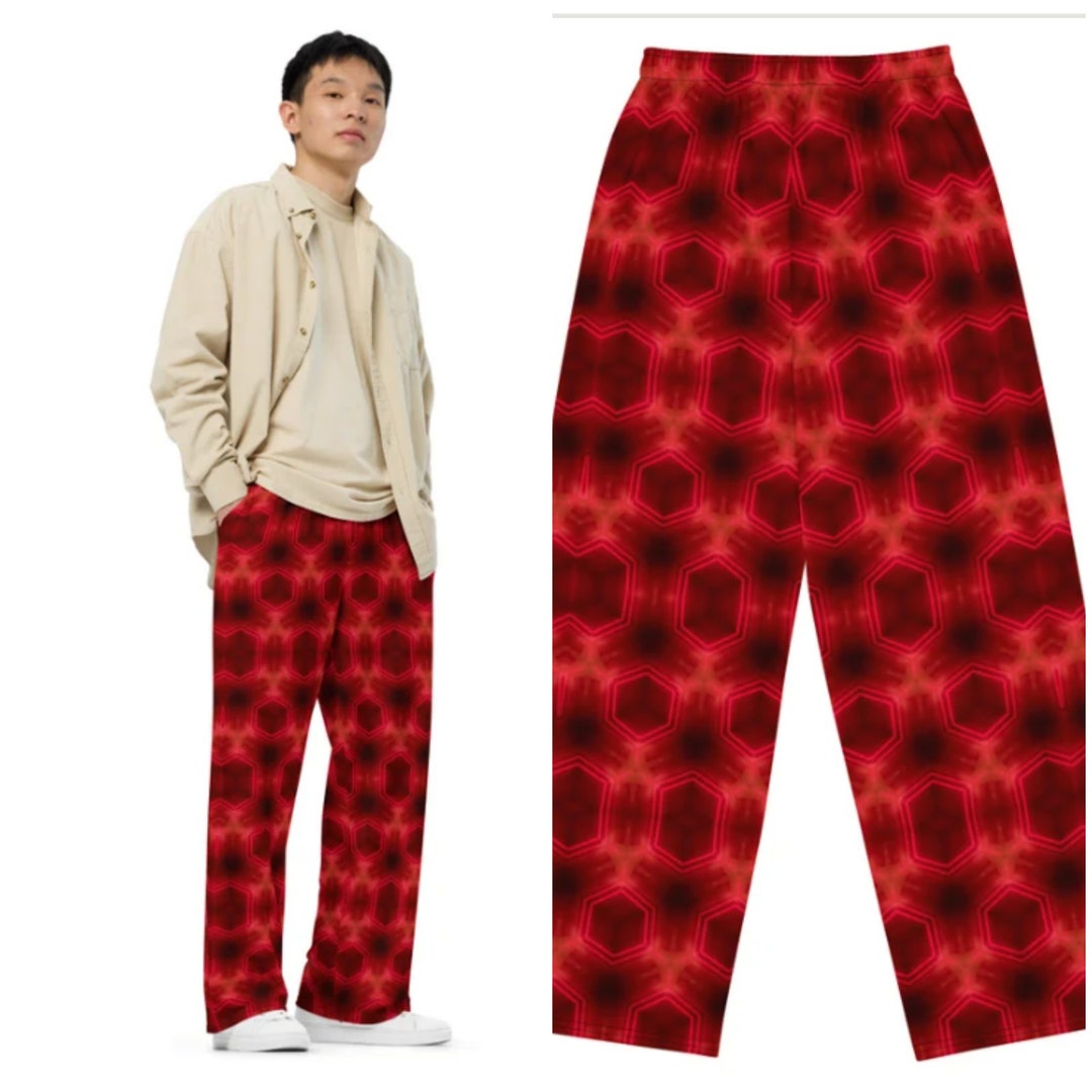 Men Red Wide Leg Pants Baggy Loose Fit Loungewear Trousers Hexagon ...