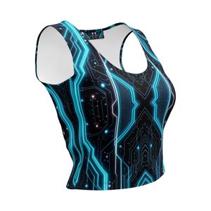 Circuitry Crop Top Neon Glow Shirt Cyberpunk Tank Tops Women Bold Summer Casual Wear Midriff Blouse Techno Cyan Cropped Style Sporty Shirts