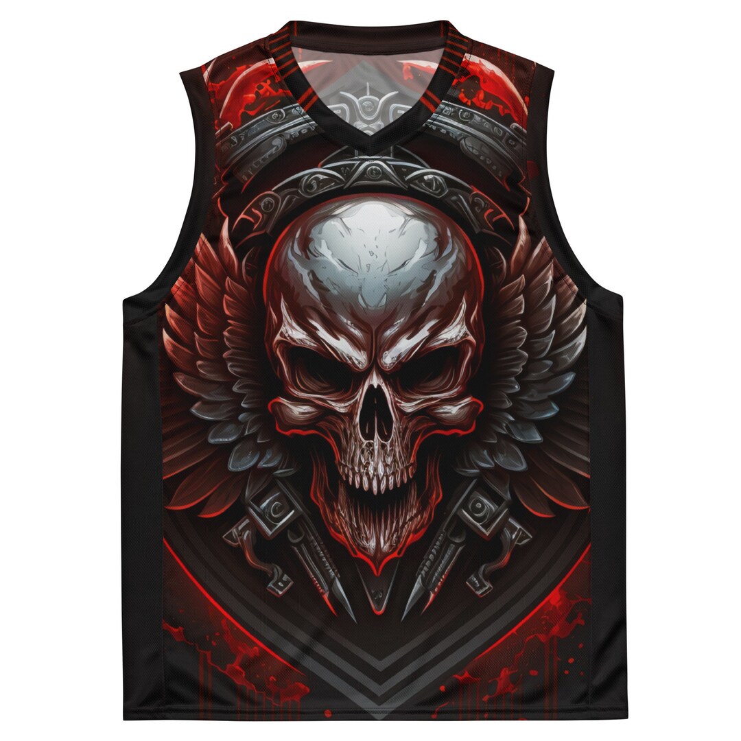 Men's Skull Shirt, Basketball Jersey, Red Tank Top, Sleeveless Summer