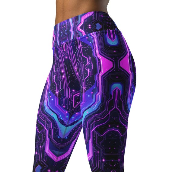 Techno Magenta Leggings Neon Yoga Pants Circuitry Athleisure Cyberpunk Trousers High Waist Unique Bold Women Fitness Stretch Party Britches