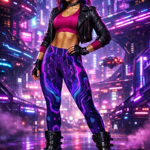 Techno Magenta Leggings Neon Yoga Pants Circuitry Athleisure Cyberpunk Trousers High Waist Unique Bold Women Fitness Stretch Party Britches Zazz Fashion Clothing Shop