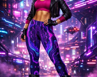 Leggings Techno Magenta, Pantaloni da Yoga Neon, Pantaloni Circuitry Athleisure Cyberpunk, Pantaloni a Vita Alta, Unici, Audaci, da Donna, Fitness, Elasticizzati, per Feste