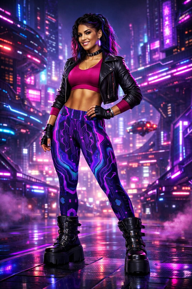 Techno Magenta Leggings Neon Yoga Pants Circuitry Athleisure Cyberpunk Trousers High Waist Unique Bold Women Fitness Stretch Party Britches Zazz Fashion Clothing Shop