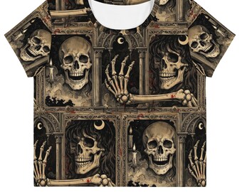 Gothic Skulls Crop Tee Griezelig Skelet Shirt Spooky Halloween Kleding Dames Dark Art Cropped Tops Gedurfde Zomer Feest T-shirts met Korte Mouwen