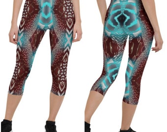 Leggings plumes phosphorescents yoga tribal corsaire entraînement stretch vêtements de fitness marron turquoise Design vêtements de détente vêtements de loisirs pantalons pour femmes