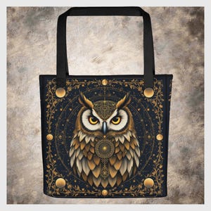 Bolso de mano con diseño de búho místico y alas, espacioso bolso con asas, estilo majestuoso pájaro, color negro y marrón, bolso de mano con espíritu animal, bolso de playa