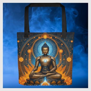 Buddha Tote Bag Robotic Bronze Handbag Serene Sacred Roomy Purse Spiritual Pocketbook Spacious Beach Book Bags Women Meditation Totebags