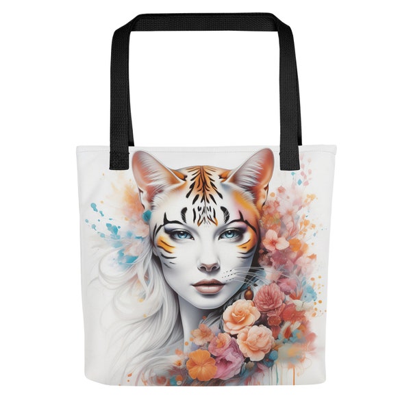 Cat Woman Tote Bag Flowers Floral Design Handbag Roomy Purse Pocketbook Feline Wild Kitty Tiger Lovers Totebags Beach Book Bags Dual Handles
