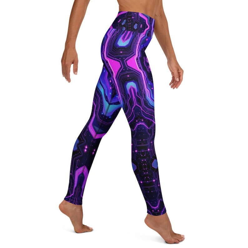 Techno Magenta Leggings Neon Yoga Pants Circuitry Athleisure Cyberpunk Trousers High Waist Unique Bold Women Fitness Stretch Party Britches Zazz Fashion