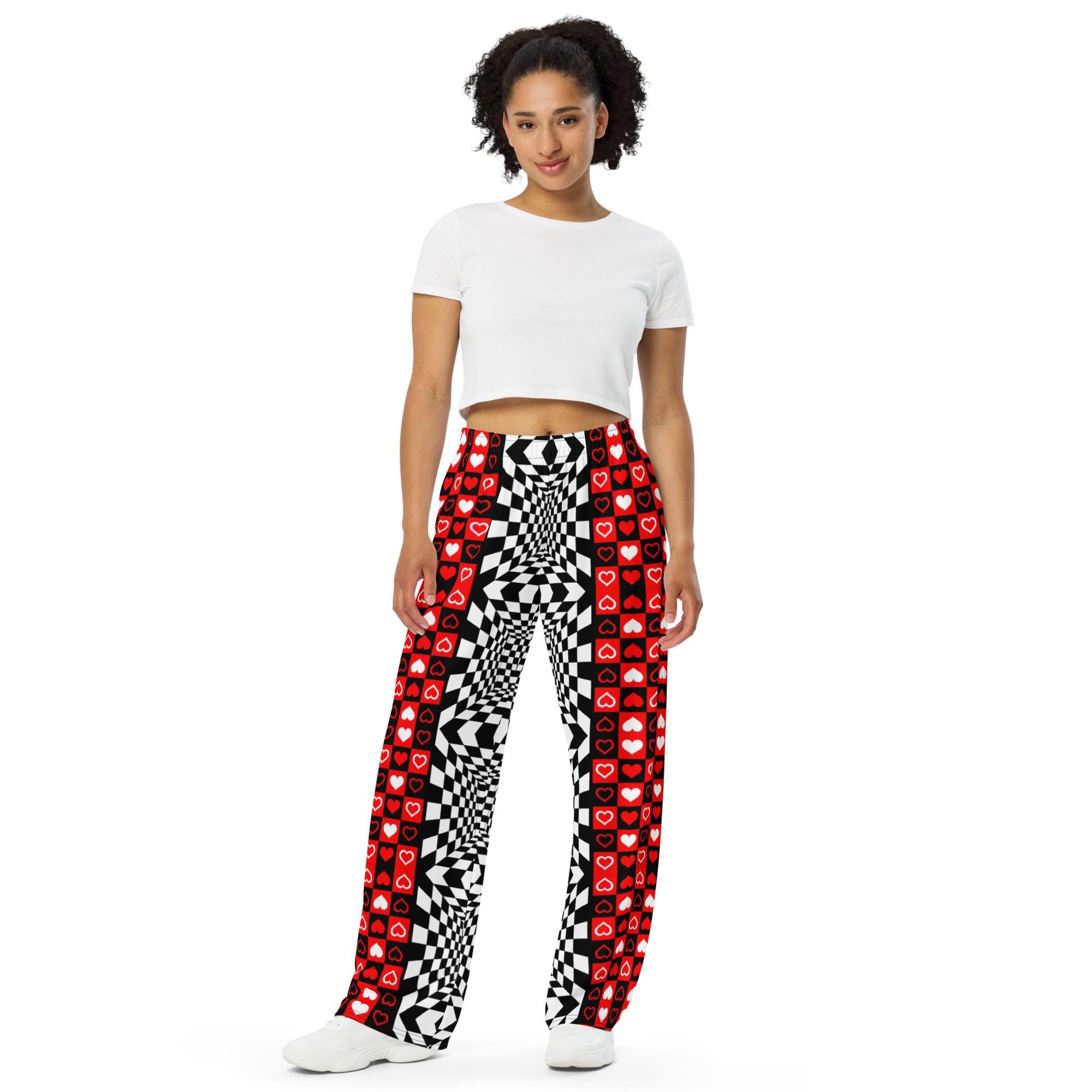 Hearts Checkered Pants Wide-leg Mismatch Unique Trousers