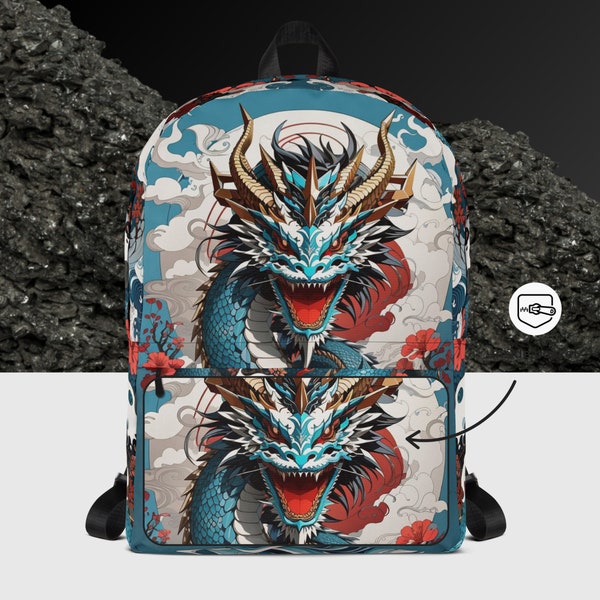 Dragon Backpack Bookbag Women's Men's Ransack Mythical Creature Water Design Travel Bag Aqua Red Fantasy Book Bags Medium Size Back Packs