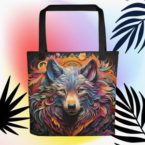 Sac fourre-tout 3D Wolf Sac à main pour amoureux des chiens Grand sac à main pour chien, livre de poche artistique unique avec anses, sacs fourre-tout spacieux, design floral, sacs de plage