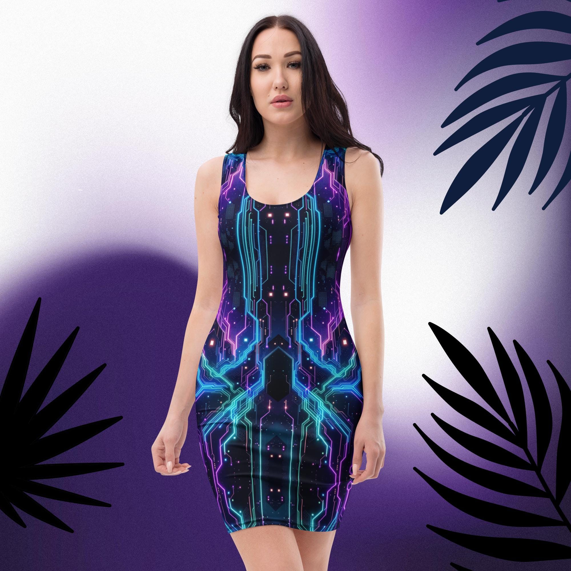 Techno Purple Dress Neon Bodycon Cyberpunk Clubwear Fitted