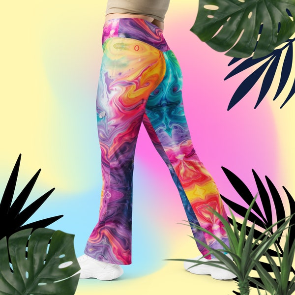 Bell Bottom Leggings Colorful Flare Yoga Pants Art Paint Design Trousers Soft Stretchy Wide Leg High Waist Butt Lift Cut Gym Trousers