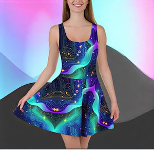 Techno Glow Sundress Circuitry Skater Dress Cyberpunk Skirt Outfit Neon Sparkle Summer Outfit Plus Size Women&#39;s Unique Party Mini Dresses