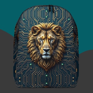 May include: A backpack featuring a golden lion's head on a navy blue background. The design incorporates a circuit board pattern in gold, with green accents. The backpack has a black zipper and a rounded top.