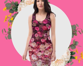 Pink Roses Dress Bodycon Floral Flowers Mini Dresses Fitted Sleeveless Summer Outfit Women's Pretty Fashion Clothing Body Hugging Apparel