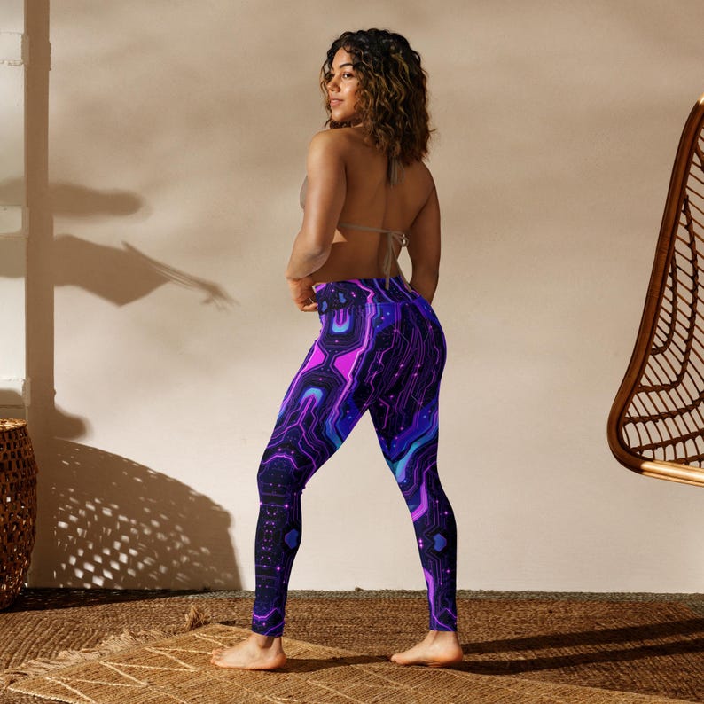 Techno Magenta Leggings Neon Yoga Pants Circuitry Athleisure Cyberpunk Trousers High Waist Unique Bold Women Fitness Stretch Party Britches Zazz Fashion