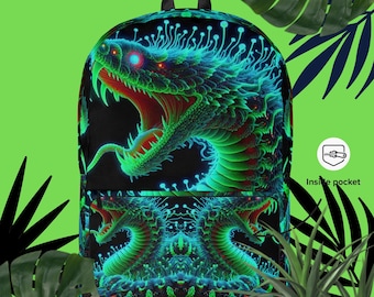 Neon Snake Bookbag Backpack Boys Girls Travel Bag School Back Packs Reptile Lovers Unique Green Ransack Medium Size Water-Resistant