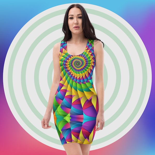 Rainbow Trippy Dress Festival Psychedelic Bodycon Carnival Tank Mini Dresses Colorful Hypnotic Spiral Summer Outfit Party Fitted Fashion