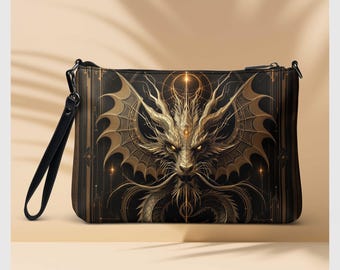 May include: A black clutch bag with a gold dragon design. The dragon has a fierce expression and is surrounded by intricate details. The bag has a black strap and a zipper closure.