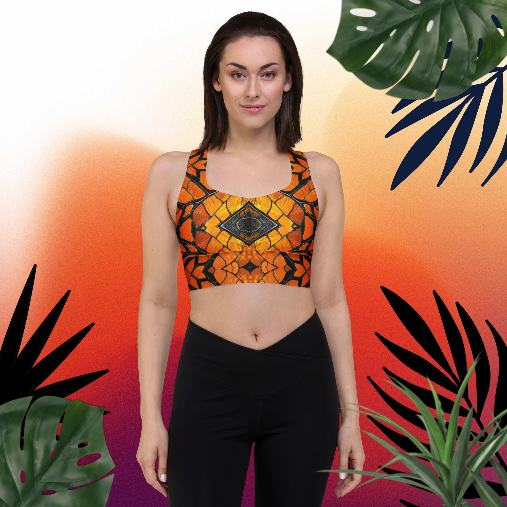 Discover Butterfly Sports Bra Monarch Yoga Top Wing Design Longline Racerback Women's Fitness Bralette Nature Orange Black